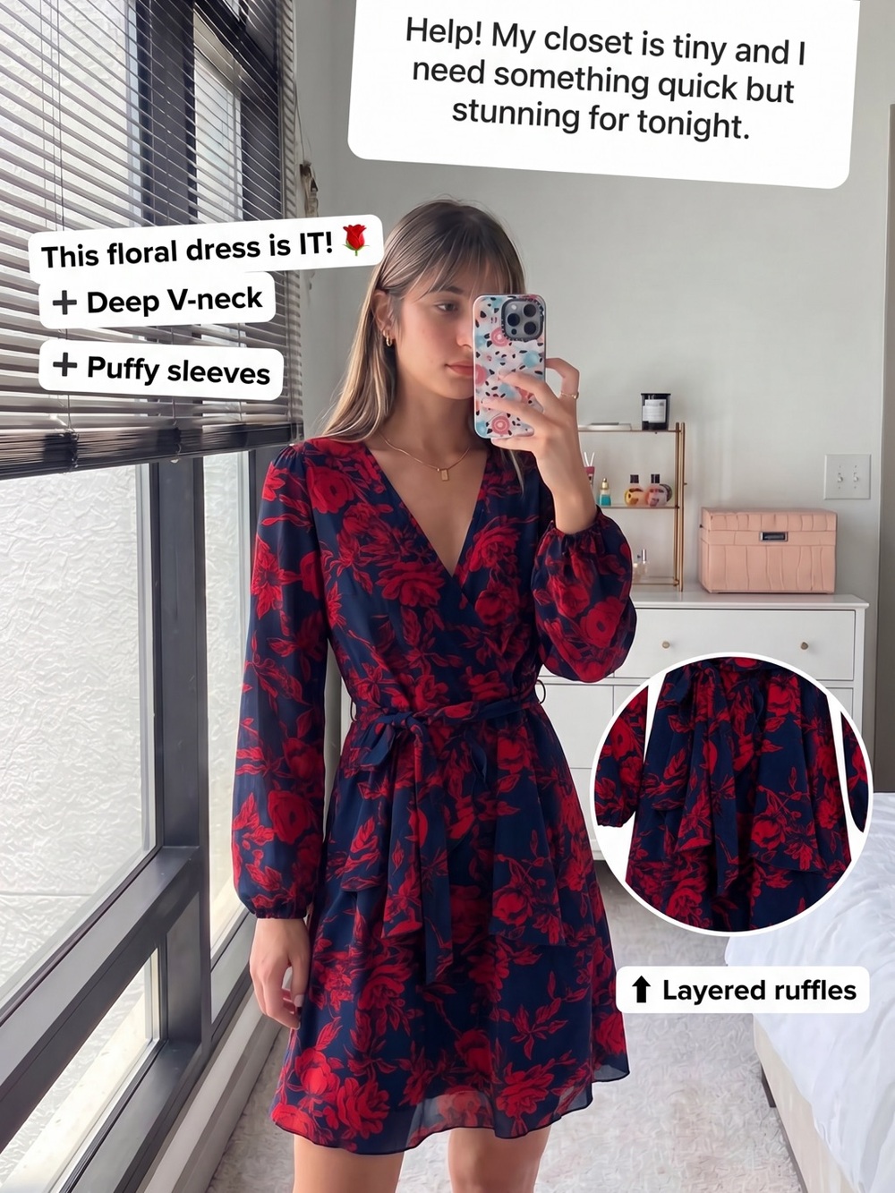 Floral V-Neck Wrap Dress in Navy & Red